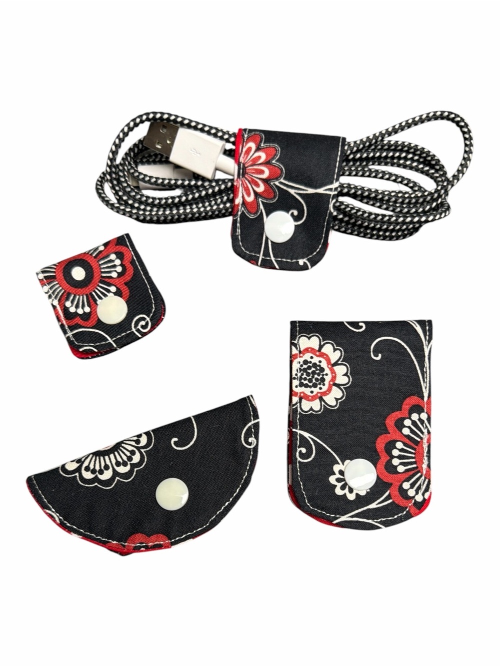 Hand Crafted Cord Keepers Floral Black & Red Cord Organizer Set of 4